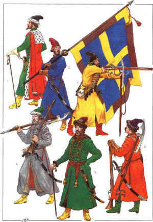 Чины московских приказов после 1672 г. (по Э.Пальмквисту): 1 Голова 1-го приказа Егор Петрович Лутохин; 2 Знаменщик с сотенным знаменем третьего приказа; 3 Стрелец 6-го приказа; 4 Стрелец 13-го приказа в походном (&laquo;носильном&raquo;) кафтане; 5 Начальный человек (пятисотский или сотник) 3-го приказа; 6 Стрелец 8-го приказа.