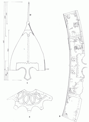 Шлем Таганча: 1 — геометрические параметры; 2 — прорисовка орнамента навершия шлема; 3 — прорисовка орнамента у основании тульи.