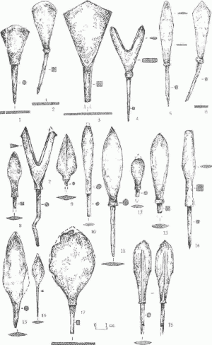 Срезни: 1-3. 4 - двурогий срезень. веслообразные (5-6), 9 - остролистый, 10 - ланцетовидный, 11 - лавролистный, листовидные (12-18) наконечники стрел