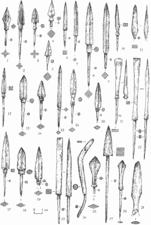 Бронебойные (1-5) и (13-26), 28 - втульчатый, шиловидные (7-12) наконечники стрел. 27 - наконечник арбалетного болта.