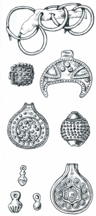 Начельные кольца, медальёны, лунница и бусы из курганов полян