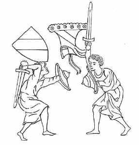 меч и баклер, средневековый рисунок, фреска, фехтование