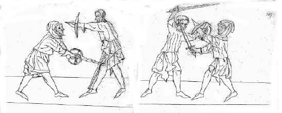 меч и баклер, средневековый рисунок, фреска, фехтование