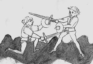 меч и баклер, средневековый рисунок, фреска, фехтование, колено