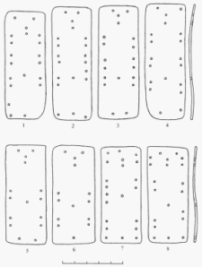 Рис. 3. Татарские могилки, могила №4, скелет-1. Панцирные пластины наспинника (реконструированный вид): 1-4 &ndash; 1 ряд; 5-8 &ndash; 2 ряд.