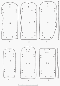 Рис. 7. Татарские могилки, могила №4, скелет-2. Панцирные пластины нагрудника (реконструированный вид): 1-3 &ndash; 4 ряд; 4-6 &ndash; 5 ряд