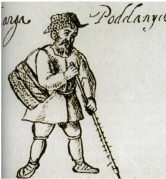 Жалоба подданных на пана. Гравюра XVII в. Персонажи одеты в короткие сермяги-cвиты.