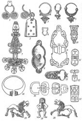 Древности антов: 1, 2 - подвески; 3-5 - серьги; 6,10-13 - накладки ременные; 7 - фибула пальчатая; 8 - фибула пластинчатая; 9 - фибула зооантропоморфная; 14 - браслет; 15-17 - пряжки; 18-20 - накладки.