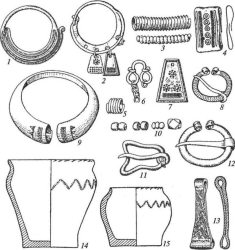 Культура длинных курганов (смоленско-полоцких). Инвентарь: 1,2 — височные кольца; 3, 4 — спиральки и обойма от головного венчика; 5 — спиральная пронизка; 6, 7 — подвески; 8, 12— фибулы подковообразные; 9— браслет; 10— стеклянные бусы; 11 — пряжка; 13 — пинцет; 14, 15 — глиняные сосуды