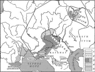 Хазарский каганат и салтово-маяцкая культура: 1 — граница каганата; 2 — граница домена кагана; 3 — ареалы болгарских вариантов салтово-маяцкой культуры; 4 — ареалы аланских вариантов салтово-маяцкой культуры; 5 — ареалы хазарского варианта
