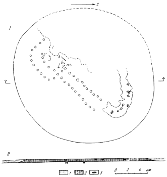 Могильник Тагискен. Кург. № 59. . План: 1, 4 – наконечники стрел; 2 – кольцо; 3 – кинжал; 5 – меч; 6 – нож; 7 – золотая пластинка (16 – железо). II. Разрез: 1 – песок; 2 – песок с золой; 3 – следы интенсивного горения.
