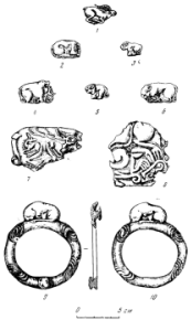 Могильник Тагискен. Золотые бляшки. 1 – кург. № 66; 2-3 – кург. № 53; 4, 6 – кург. № 45; 5 – кург. № 31. Золотые пластинки: 7 – кург. № 45; 8 – кург. № 59; 9-10 – бронзовые подпружные пряжки.