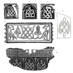 Изображения «узлов счастья» на русских домон- гольских вещах XII – начала XIII века: 1–3 – Киев; 4 – Владимир; 5 – Шарки; 6 – Антоново