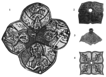 истовидные накладные пластины – детали наверший шлемов: 1 — Лыково; 2 — Энгельс; 3 — Новый Сарай; 4 — Новотерское