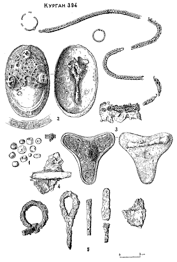1 – хрустальные, золото и серебростеклянные бусы; 2, 3 — бронзовые; 4 – обломок костяного гребня; 5 – обломки железных предметов.