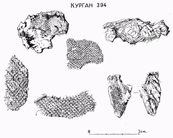 позолоченные фибулы и фрагменты бронзовой цепочки с кусками коры. Обрывки шерстяных и шелковых тканей