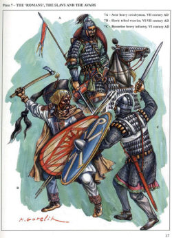 A - аварский тажелый кавалерист VII век; B - воин славянских племен VI-VII вв.; C - византийский тяжелый пехотинец VI век. Художник: Михаил Горелик