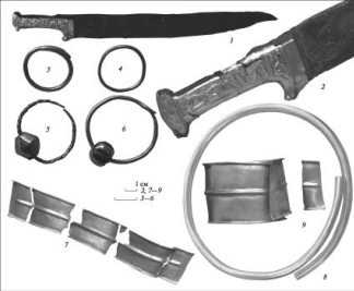 Малая Лепетиха, курган 10. Золотые изделия 1-3, 5, 7-9 - захоронение 4; 4, 6 - захоронение 5, 1, 2 - золото / железо; 3, 4, 7-9 - золото; 5, 6 - золото / стекло / камень
