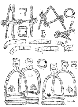 Предметы конского снаряжения. 1 - погр.№46/431; 2 - погр.№5/345; 3, 4, 6,13, 14 - захоронение коня №4; 5, 7, 10, 11, 12 - погр.№35/413; 8, 9 - погр.№3/343