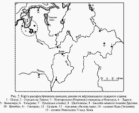 Карта распространения находок дисков от вертикального ткацкого станка