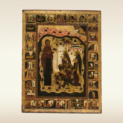 Икона «Богоматерь Боголюбская с предстоящими преподобными Зосимой и Савватием Соловецкими, с житием Савватия и Зосимы». Москва (?). 1545