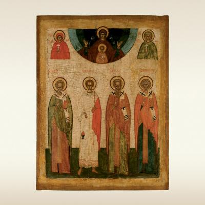 Икона. Избранные святые Никола, Стефан, Власий, Климент, Параскева Пятница и Анастасия, с Богоматерью знамение. 15 век