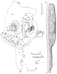 Сидорово 2000. Помещение 3.7 - общий план помещения; 2 -разрез по линии Б-Б1; 3 - разрезы ям 1, 2, 3 в котловане постройки.
