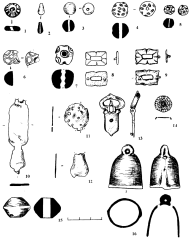 Сидорово. Предметы из стекла (1-5, 7), халцедона (6) и цветных металлов (8-16)