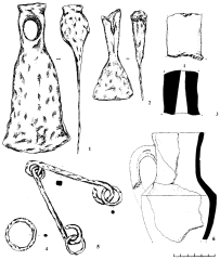 Сидорово. Керамические (3, 6) и железные (1, 2, 4, 5) предметы с городища