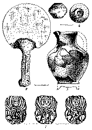 Инветарь скиского женского погребения: зеркало, пряслице, кувшин, бляшки