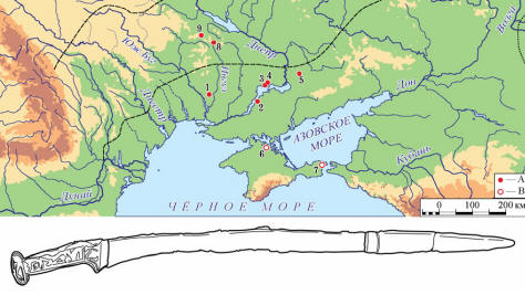 Распространение однолезвийных мечей типа Шульговка (A — погребения; B — случайные находки)