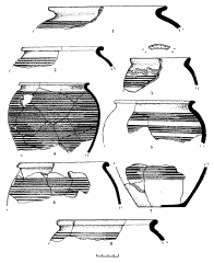 Сидоровское городище. Фрагменты горшков: 1, 2, 4-7 – раскоп 12, помещение 11; 3 – раскоп 9, подъемный материал; 8 — раскоп 10, квадрат АЗ-4.