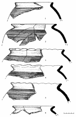 Сидоровское городище. Раскоп 7. Фрагменты горшков: 1-3, 5-6 — хоз. яма 8; 4 — хоз. яма 2.