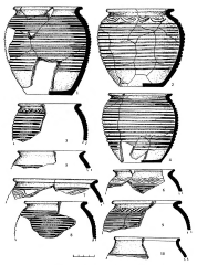 Сидоровское городище. Раскоп 7. Горшки и их фрагменты: 1, 2 — хоз. яма 4; 3, 7-9 — хоз. яма 8; 4 — хоз. яма 2; 5, 10 — хоз. яма 5; б — хоз. яма 1.