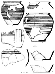 Сидоровское городище. Керамика: 1,7 — раскоп 10, хоз. яма 3; 2 — раскоп 12, помещение 11; 3 — раскоп 10, скопление 1; 4-5 — раскоп 9, хоз. яма 6; 6 —раскоп 9, Б-7-8.