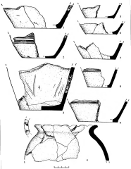 Сидоровское городище. Раскоп 7. Фрагменты сосудов: 1, 2, 8, 9 &mdash; хоз. яма 8; 3-4 &mdash; хоз. яма 5; 5-6 &mdash; хоз. яма 2; 7 &mdash; хоз. яма 1.
