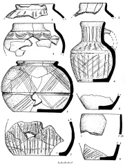 Сидоровское городище. Раскоп 7. Лощеная посуда: 1, б, 8, 9 &mdash; хоз. яма 8; 2,7 &mdash; хоз. яма 1; З &mdash; помещение 8; 4 &mdash; хоз. яма 5; 5 &mdash; хоз. яма 4.