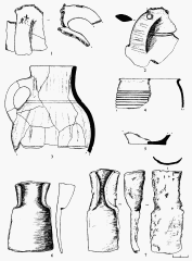 Фрагменты керамики и железные изделия (6-7): 1 &mdash; раскоп 9, слой; 2-5 &mdash; подъемный материал; 3 &mdash; раскоп 12, помещение 11; б &mdash; раскоп 10, верхний слой; 7 &mdash; раскоп 10, хоз. яма 3.