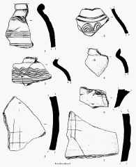 Раскоп 7. Фрагменты керамических сосудов: 1-3 &mdash; хоз. яма 1; 4, б &mdash; хоз. яма 4; 5,7 &mdash; скопление в квадратах X 8-9.