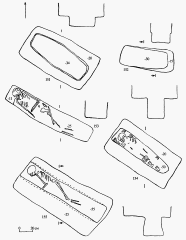 Сидоровский археологический комплекс. Могильник 1. Раскоп 11. Чертежи погребений №№ 151, 152, 153, 154, 155.