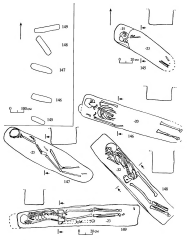 Сидоровский археологический комплекс. Могильник 1. Общий план участка на дороге, идущей из с.Татьяновка в с. Сидорово. Чертежи погребений №№ 145, 146, 147, 148, 149.