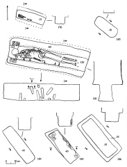 Сидоровский археологический комплекс. Могильник 1. Раскоп 11. Чертежи погребений №№ 176, 183, 184, 185, 186.