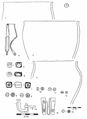Древнеславянские фибулы, пряслица, керамика.  Остров. 1-3 - жилище 3; 4-15 - культурный слой.
