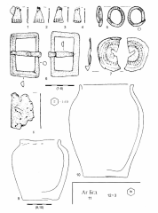 Славянские трапециевидные привески. 1-10-Краков Нова Гута, 62А, яма 45; 11, 12 -Мутенице, об. 21.