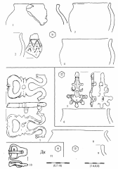 Славянская зооморфная пряжка, пятипалые фибулы. 1-4 - Краков Нова Гута, 62А, яма 45; 5, 6 - Рашков Ш, жилище 76; 7-9 - Мутенице, об. 95; 10, 11 - Сэрата-Монтеору, погребение 454.