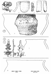 Славянская пряжка с орнаментированным щитком, пальчатые фибулы.. 1-5 - Ботошана-Сучава, жилище 28; 6-7 - Ханска, полуземлянка 14/1965; 8 - Семенки, постройка VI.
