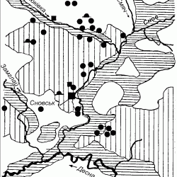 Условные обозначения: 1 - широколиственные леса, 2 - смешанные и  широколиственные леса, 3 - пойменные и болотные массивы, 4 - городища, 5  - поселки, 6 - могильники.
