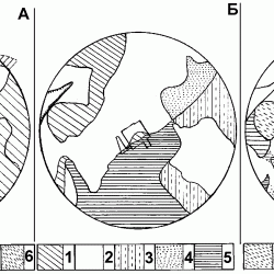 А. Виды почв: 1 - дерново-средне подзолистые, 2 - дерново-слабо-подзолистые 3 - дерново-подзолистые, 4 - торфяные, 5 - дерновые, 6 - овраги. Б. Механический состав почвы: 1 - пылевато-супесчаные, 2 - супесчаные 3 - песчаные, 4 - глинисто-песчаные, 5 - легко и средне суглинистые. В. оглеения 1 - поверхностно-огеени, 2 - глинистые 3 - глинистые, 4 - сильно глинистые, 5 - неоглееные.