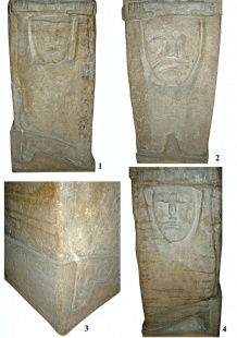 Збручское изваяние (нижний ярус и основание):  1 - сторона В; 2 - сторона А; 3 - стороны B и D; 4 - сторона С.