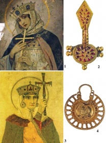 1 - Св. княгиня Ольга, фреска (М.В.Нестеров); 2 - фибула из Нежина;  3 - св. княгиня Ольга, хромолитография (И.Ижакевич); 4 &ndash; колт, Киевский клад 1903 г.